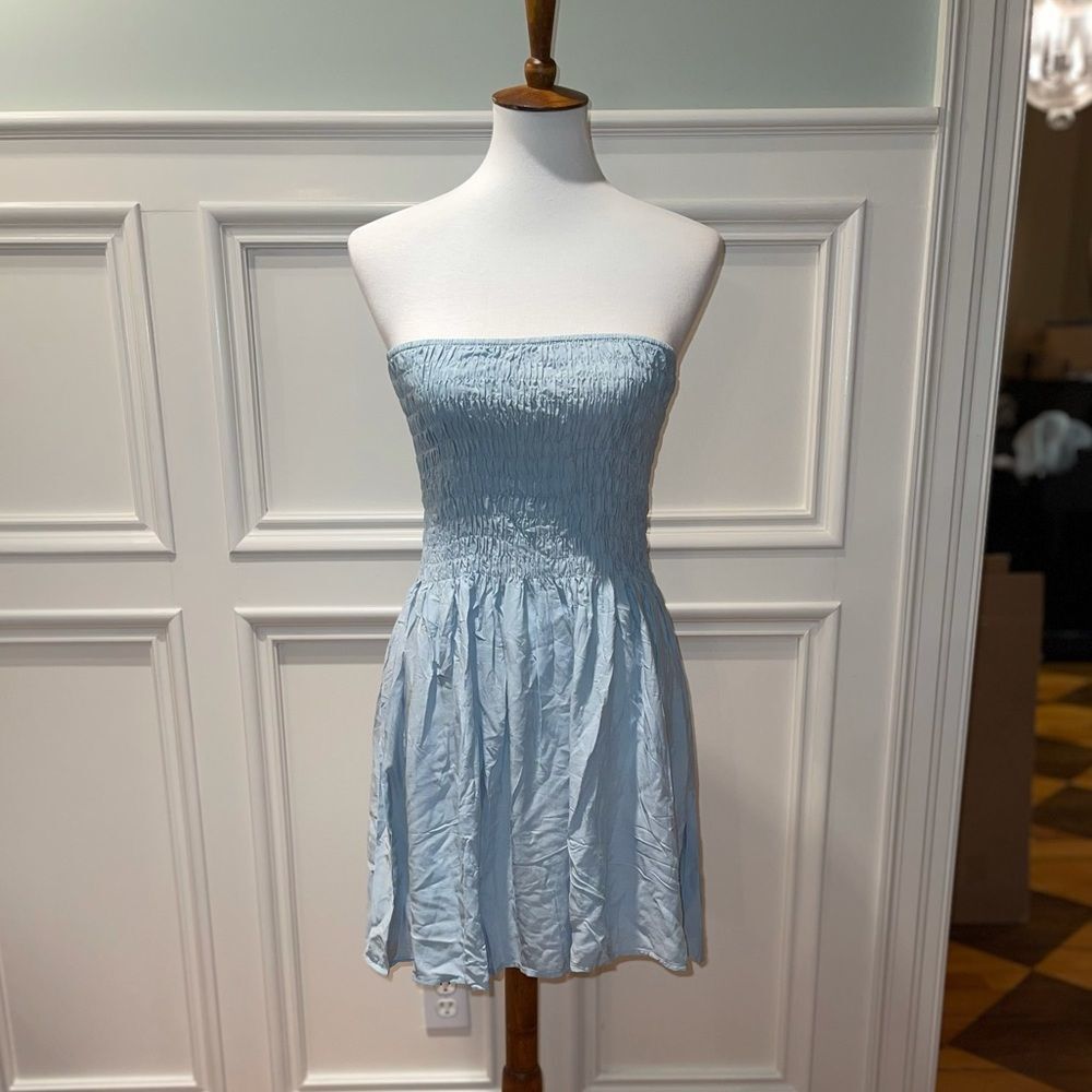 Light blue smocked strapless tunic top dress large